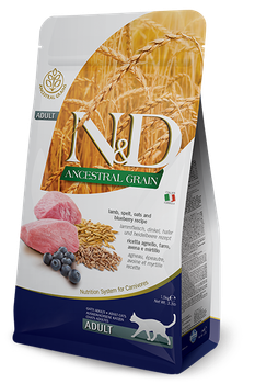 Низкозерновой сухой корм для взрослых кошек N&D LOW GRAIN CAT LAMB & BLUEBERRY ADULT (ягненок / черника), 1.5 кг