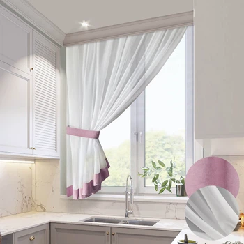 Короткий білий тюль з рожевою окантовкою для кухні Adagio Windows Decor у розмірах 2,8 х1,6м, легка кухонна штора з підхватом