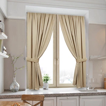 Короткі однотонні штори для кухні Adagio Windows Decor у розмірах 1,4 х1,7м -2шт, щільні бежеві фіранки з підхватами