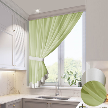 Короткий салатовий тюль зі світлою окантовкою для кухні Adagio Windows Decor у розмірах 2,8х1,6м, легка кухонная штора з підхватом