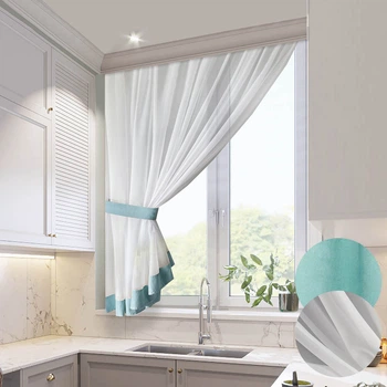 Короткий білий тюль з мятно-голубою окантовкою для кухні Adagio Windows Decor у розмірах 2,8 х1,6м, легка кухонна штора з підхватом