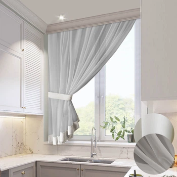 Короткий сірий тюль з світлою окантовкою для кухні Adagio Windows Decor у розмірах 2,8 х1,6м, легка кухонна штора з підхватом
