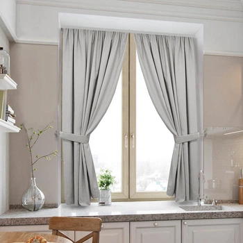 Короткі світлі однотонні штори для кухні Adagio Windows Decor у розмірах 1,4 х1,7м -2шт, щільні сірі фіранки з підхватами