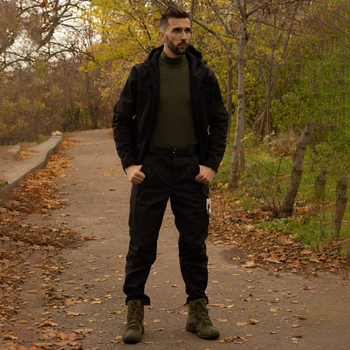 Утепленный мужской Костюм SoftShell на флисе / Комплект Куртка с капюшоном + Брюки черный размер L