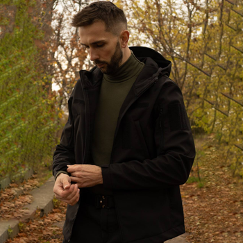 Утеплений чоловічий Костюм SoftShell на флісі / Комплект Куртка з капюшоном + Штани чорний розмір L