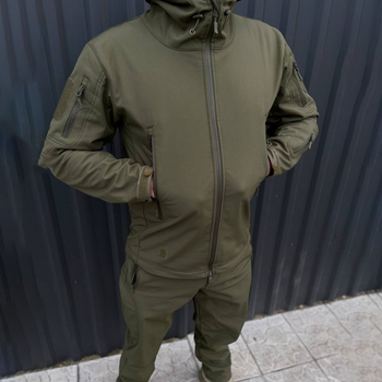 Зимний мужской Костюм SoftShell на флисе / Водонепроницаемый Комплект Куртка с капюшоном + Брюки хаки размер M