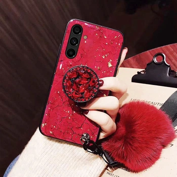 Силиконовый чехол с попсокетом и меховым помпоном для Samsung S21 FE Красный