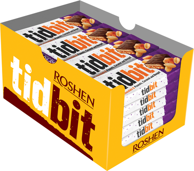 Упаковка шоколадних батончиків Roshen TidBit молочні з нугою, м'якою карамеллю й арахісом 50 г х 24 шт. (4823077630491)