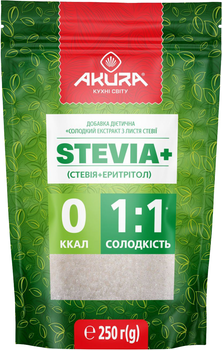 Добавка дієтична Akura Солодкий екстракт з листя стевії STEVIA+ 250 г (4820178464000)
