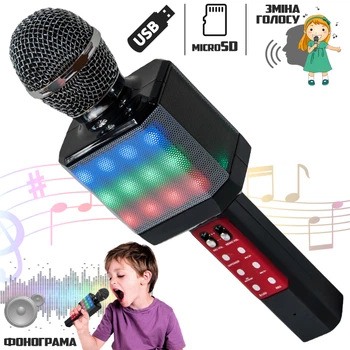 Детский беспроводной микрофон караоке с LED подсветкой WSTER WS-1828U с Bluetooth колонкой 5Вт и функцией изменения голоса Черный с серебристым