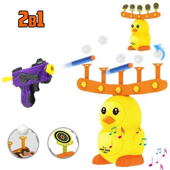 Повітряний тир з літаючими кулями та рухомими мішенями 2в1 Diy Shot Game Каченя дитяча інтерактивна гра з пістолетом, звукові та світлові ефекти Жовтий