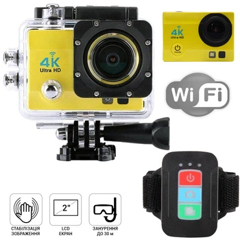 Экшн камера с аквабоксом для подводного плавания и набором креплений Action Camera QH30 Желтая+пульт
