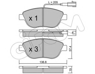 Тормозные колодки пер. Berlingo/Partner 01-/Doblo 03- (137x57.3x19)(с датчиком) Cifam (8223220)