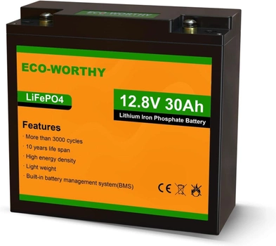 Аккумулятор Eco Worthy LiFePO4 12V 30Ah (384Wh) со встроенным BMS, 3000+ циклов