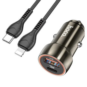 Автомобильное зарядное устройство 2 USB PD20W быстрая зарядка для Iphone QC3.0 + кабель Type-C-Lightning, Metal Gray Hoco (6931474770356)