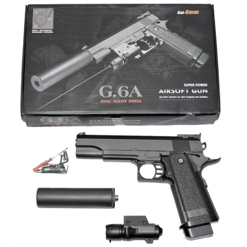 G6A Страйкбольний пістолет Galaxy Colt M1911 Hi-Capa з глушником і прицілом метал чорний