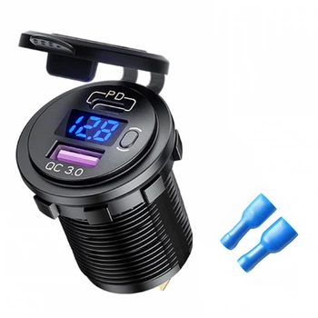 Врізна розетка USB в авто з вольтметром Quick Charge 3.0 USB + PD Type-C 12В-24В, QC 3.0 (швидка зарядка), 36Вт, Синя