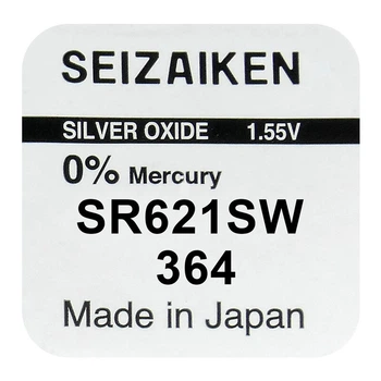 Батарейка часовая серебрянно-цинковая Seiko 364 SR621SW (G1,AG1,164), 1.55V, блистер