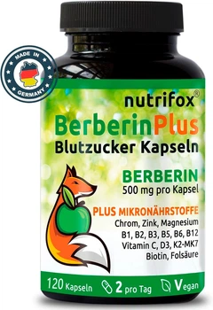 Берберин (цинк, хром, магній, B12, B6, фолієва кислота) 500 мг Nutrifox - 120 капсул