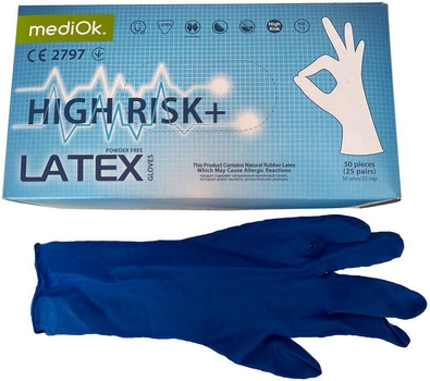 Перчатки латексные неопудренные Mediok High Risk двусторонние Размер L 50 шт Синие (4044941730769)