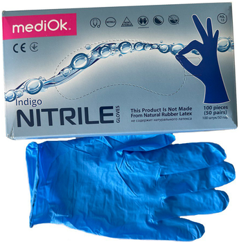 Рукавички нітрилові неопудрені Mediok текстуровані Indigo Розмір XL 100 шт Темно-сині (6933265558228)