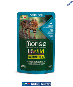 Беззерновой влажный корм Monge Cat Wet Bwild Grain Free Sterilised тунец с креветками и овощами 0.085 кг (012799)