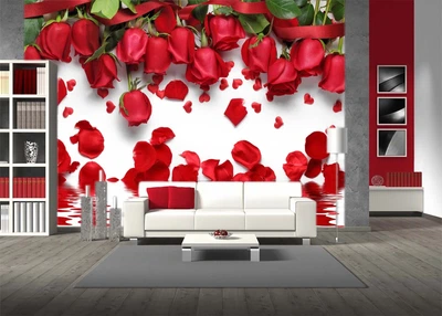 3D Фото Обои PHOTODECOR "Розы с лентами и лепестками над водой"