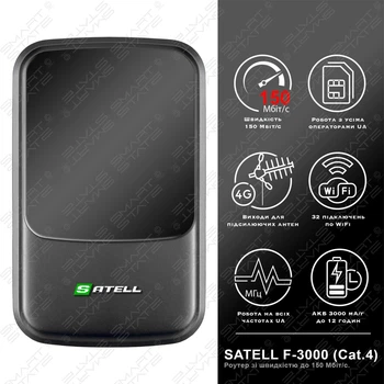 4G LTE Wi-Fi роутер SATEL F3000 LTE | Швидкість до 150 Мбіт/с (Cat.4) | Два виходи під антену | Акумулятор 3000 мАг | Підтримка до 32 пристроїв | Київстар, Лайфселл, Водафон.