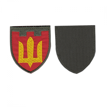 Шеврон патч на липучке Трезубец щит желтый Территориальная оборона, на красном фоне, 7*8см.
