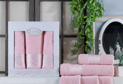 Набір з 3-х махрових рушників Gulcan. Ornament light pink-50х90+50х90+70х140 (3 предмета)