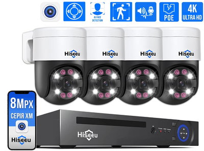 Комплект видеонаблюдения 8Мп на 4 Поворотные IP камеры Hiseeu POE