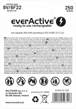 Akumulatorek everActive 6F22/9V NI-MH 250 mAh 1 szt. Ready-to-use (EVHRL22-250)