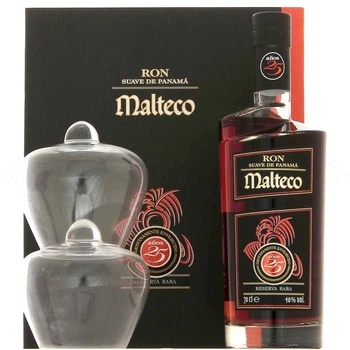 Ром Malteco 25 років витримки 0.7 л 40% в подарунковій упаковці + 2 стакани (8009366300757)