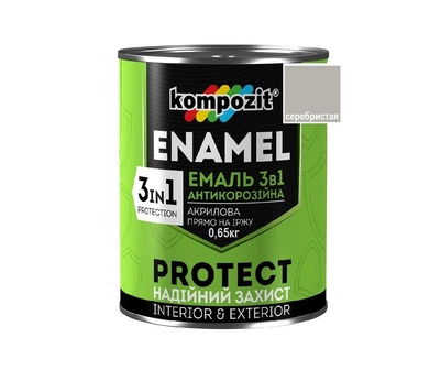Эмаль-грунт акриловая KOMPOZIT "3 в 1 PROTECT" для металла и оцинковки серебристая 0,65кг