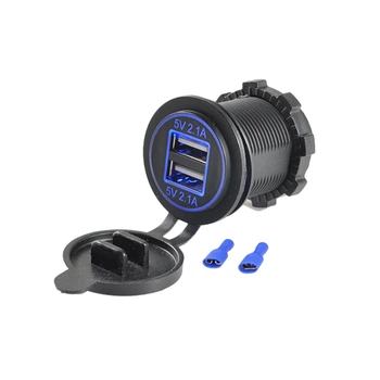 USB розетка A17B автомобильная круглая врезная (12-24В, 2 USB, 4.2А (2.1+2.1A), с крышкой, с синей подсветкой) (230003083)