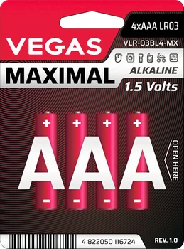 Первичный элемент питания Vegas Maximal VLR-03BL4-MX AAA Alkaline 4 шт (4822050116724)