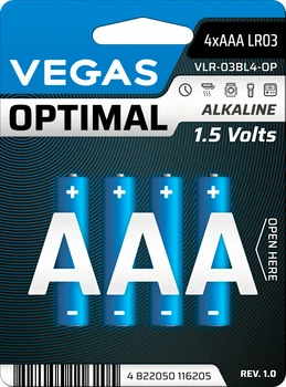 Первичный элемент питания Vegas Optimal VLR-03BL4-OP AAA Alkaline 4 шт (4822050116205)