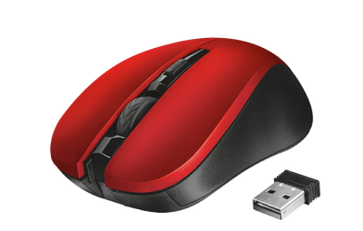 Мышь беспроводная Trust Mydo Silent Click, Red, оптическая, 1000/1400/1800 dpi, 4 кнопки, снижение звука щелчка мыши минимум на 90%, гнездо для хранения приемника USB, 2xAAA (21871)
