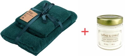 Набор 2 махровых полотенца Ardesto для ванной 50х90 см +70х140 см Lotus Изумруд + Свеча ароматическая соевая Plamis Имбирь и специи 190 г 35 часов (ART2357EM/AB-200-17)