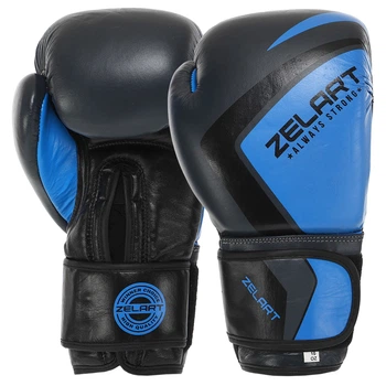 Перчатки боксерские кожаные на липучке Zelart CONTENDER 2.0 14 oz черно-синие VL-8202