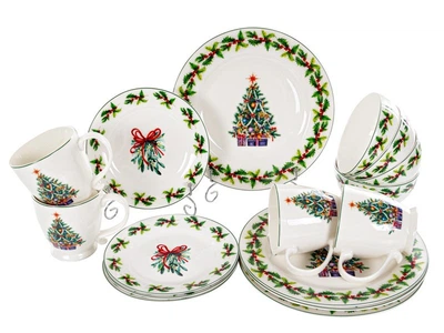 Сервіз новорічний столовий фарфоровий подарунковий набор 16 предметів ELMANI CHRISTMAS Ялинка біло / зелений