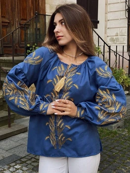 Патріотична жіноча вишиванка з колосками "Жаннет" вишита золотом синя блуза 12390-46 (М)