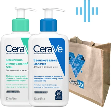 Интенсивно очищающий гель CeraVe для нормальной и жирной кожи лица и тела 236 мл + Увлажняющее молочко для сухой и очень сухой кожи лица и тела 236 мл + Сумка (3337875597197/3337875597210)