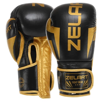 Перчатки боксерские кожаные на липучке Zelart ELITE 12 oz черно-золотые VL-8291