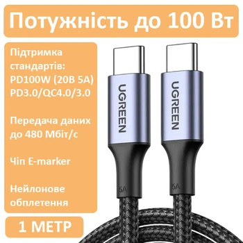 Кабель UGreen Type-C to Type-C 100W Aluminium Alloy 1 м Чорний US316 (0040)
