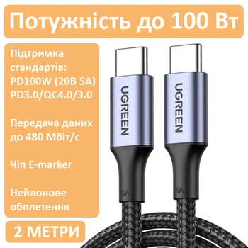 Кабель UGreen Type-C to Type-C 100W Aluminium Alloy 2 м Чёрный US316 (0041)