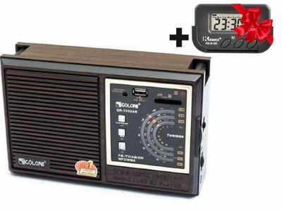 Портативний Акамуляторний Радіоприймач Golon FM/AM Brown мультидіапазонний + Електронний годинник з будильником та секундоміром