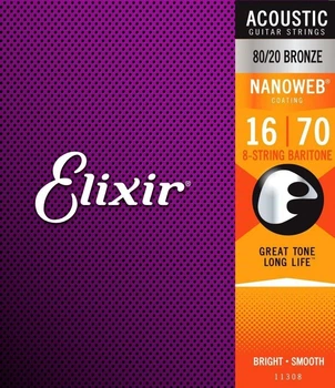 Струны акустической гитары Elixir 11308 Nanoweb 80/20 Bronze 8-String Baritone 16/70 (AC NW 8B)