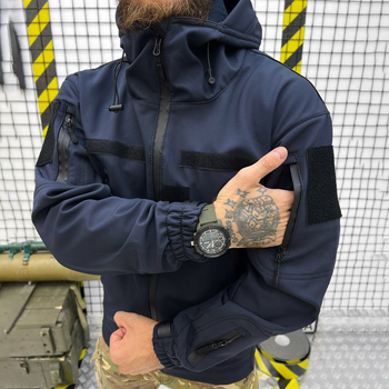 Зимова чоловіча Куртка з капюшоном Softshell на флісі синя розмір 2XL