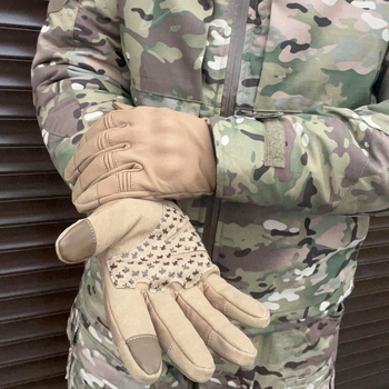 Плотные перчатки SoftShell с защитными накладками и антискользящими вставками койот размер L